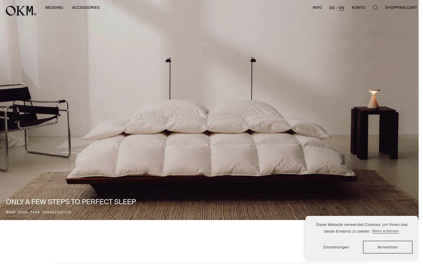 The desktop page features a large hero image of a white duvet on a bed in a minimalist room, with the headline 'ONLY A FEW STEPS TO PERFECT SLEEP' and a call to action to book a free consultation. Below the hero section, a white background contains text explaining the consultation process and a booking calendar section. The layout is spacious with a clean, high-end aesthetic using neutral tones.