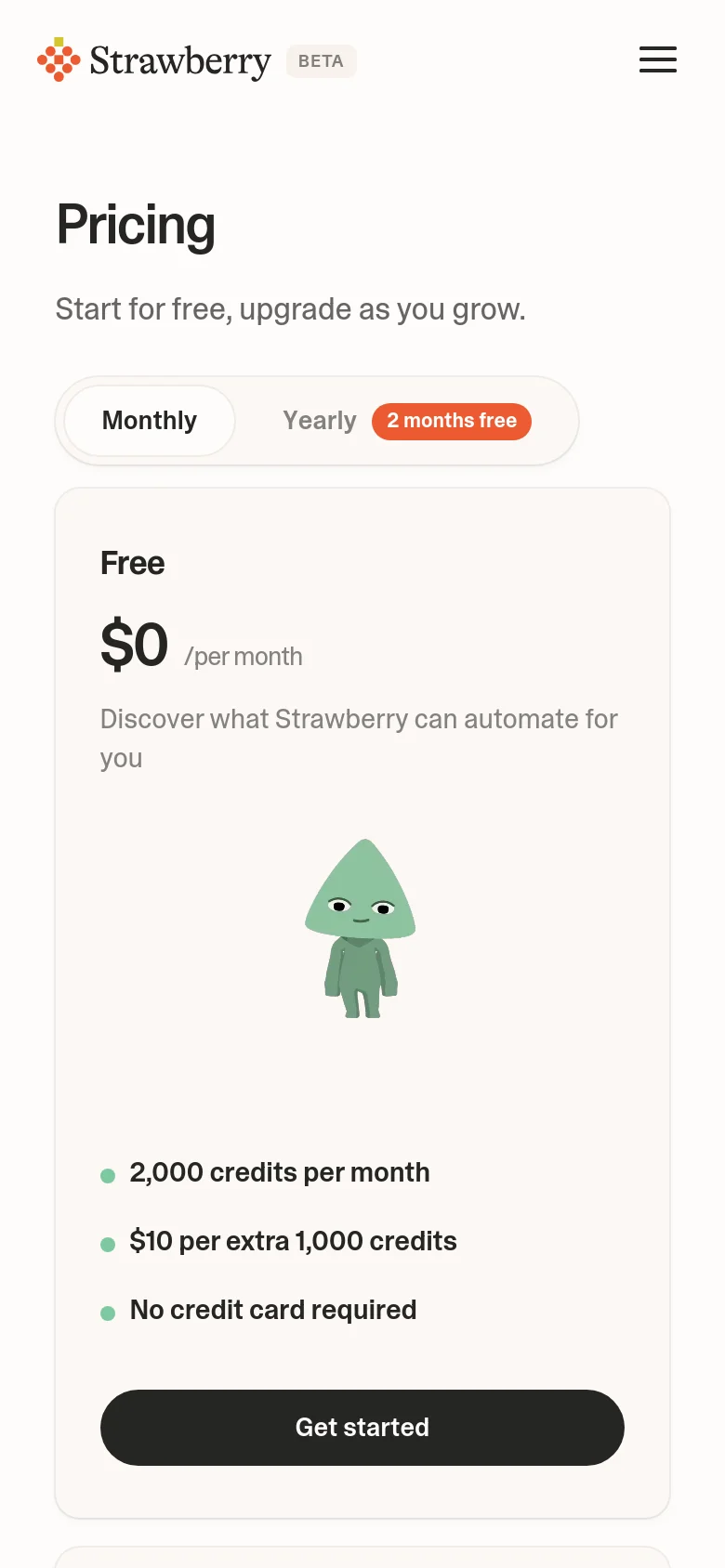 The mobile version presents a simplified vertical layout where the pricing cards are stacked on top of each other rather than side-by-side. The navigation menu is collapsed into a hamburger icon at the top right, and the billing toggle is centered above the single-column list of pricing options.