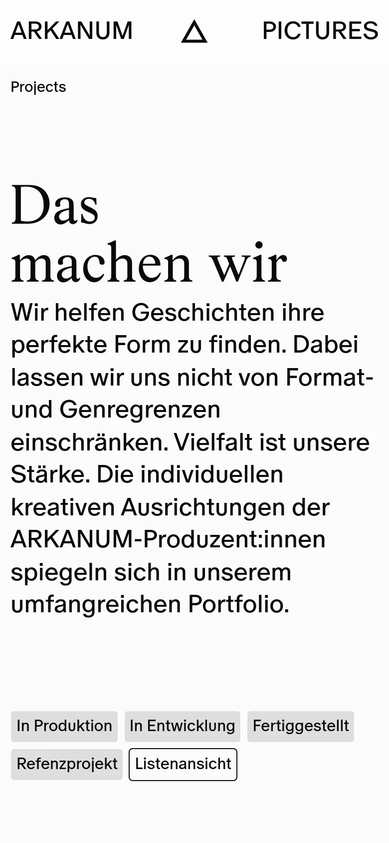 The mobile version maintains the minimalist white and black aesthetic but uses a single-column layout. The headline and text are stacked vertically, and the filter buttons are arranged in multiple rows to fit the narrower screen width.