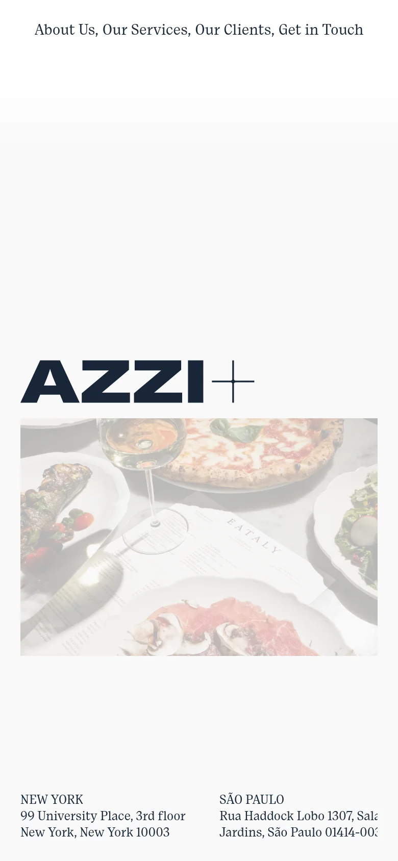 The mobile version presents a vertically stacked layout with the 'AZZI+CO' logo centered at the top. The hero imagery is replaced by a large, full-width photograph of food and wine, with the brand name and office addresses positioned below the image.