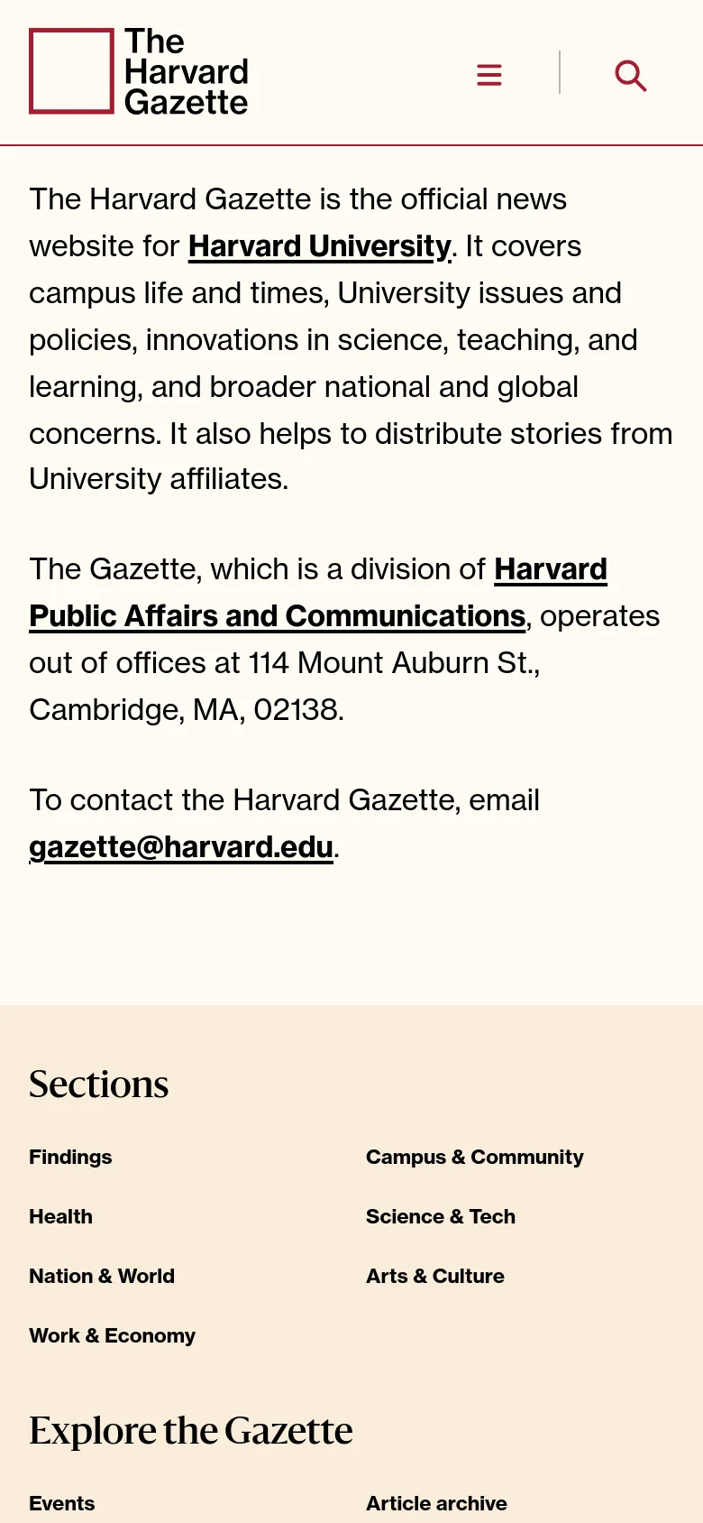 The Harvard Gazette About Us mobile website screenshot