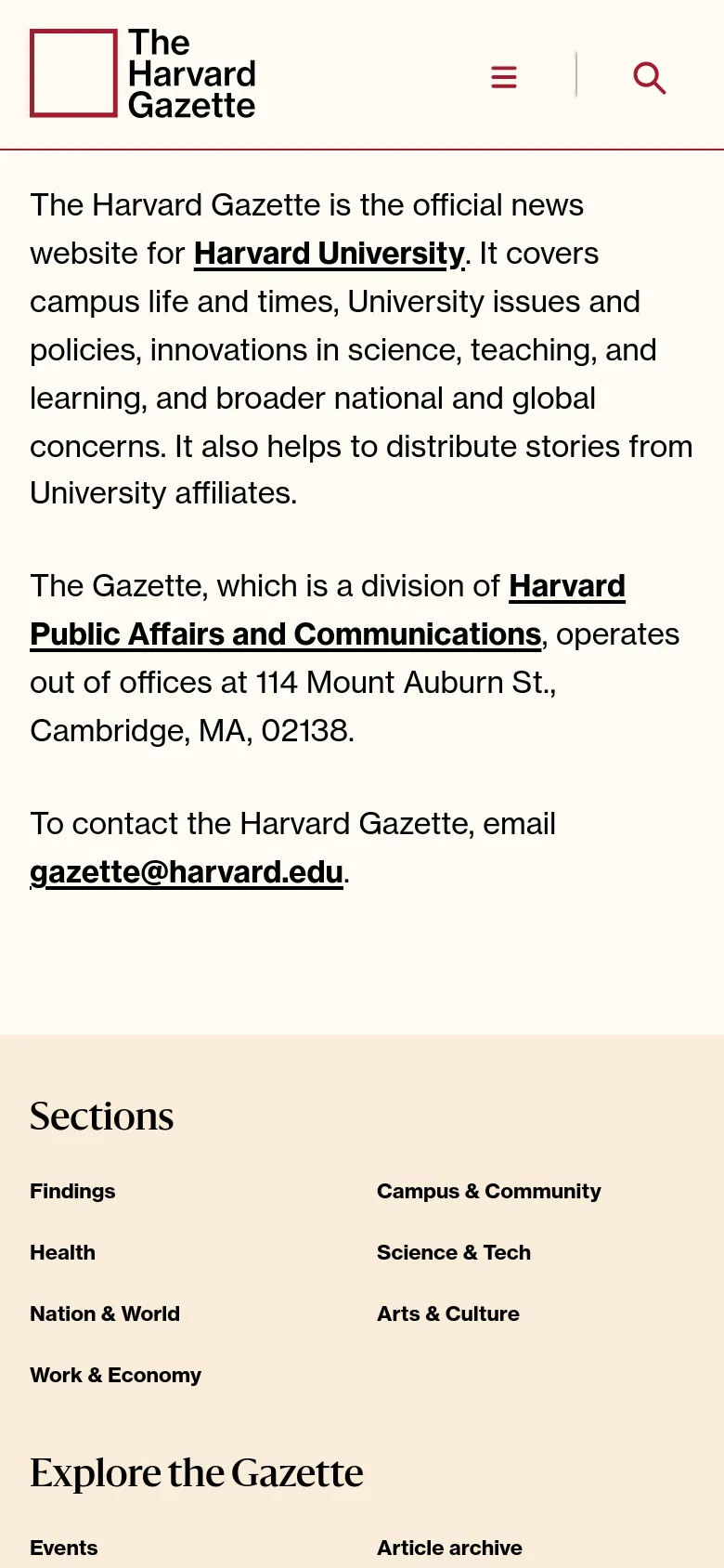 The Harvard Gazette About Us mobile website screenshot