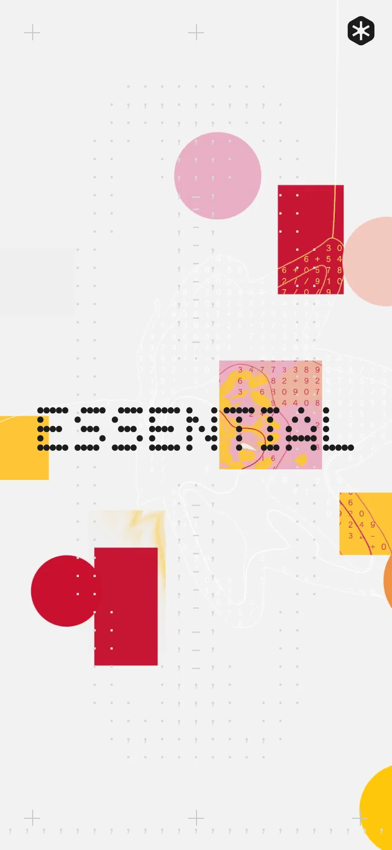 The mobile version maintains the abstract, colorful aesthetic but uses a vertical orientation, stacking the geometric shapes and text. The large 'ESSENTIAL' dot-pattern text is centered, while the red, pink, and yellow shapes are rearranged to fit the narrow viewport. A black asterisk icon is prominent in the top right corner, and the overall composition feels more condensed compared to the spacious desktop layout.