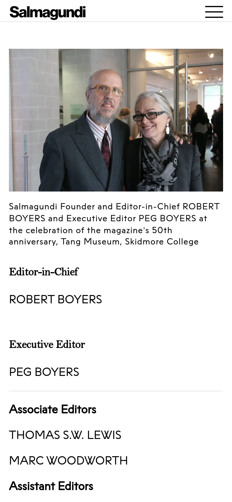 The mobile version displays a simplified layout with the Salmagundi logo and a hamburger menu icon at the top. The hero image of the editors remains prominent, followed by a single-column vertical list of editorial roles and names, such as Editor-in-Chief Robert Boyers and Executive Editor Peg Boyers.