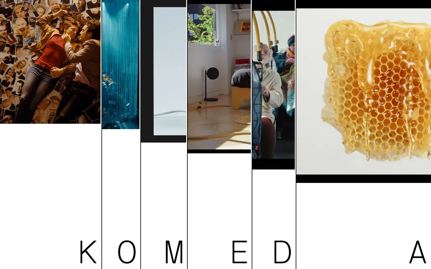 The desktop homepage features a minimalist design with a large hero section composed of vertical film stills and a collage of images. The brand name 'KOMEDA FILMS' is displayed in large, spaced-out black capital letters across the bottom of the screen, overlaid on a close-up portrait of a woman. A 'See all films' call to action is repeated in a clean, sans-serif font.