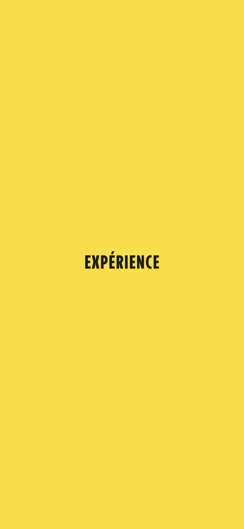 The mobile version maintains the same bright yellow color scheme and bold black text as the desktop version. The layout is simplified into a single vertical column, making the contact information and address easy to read on a smaller screen.