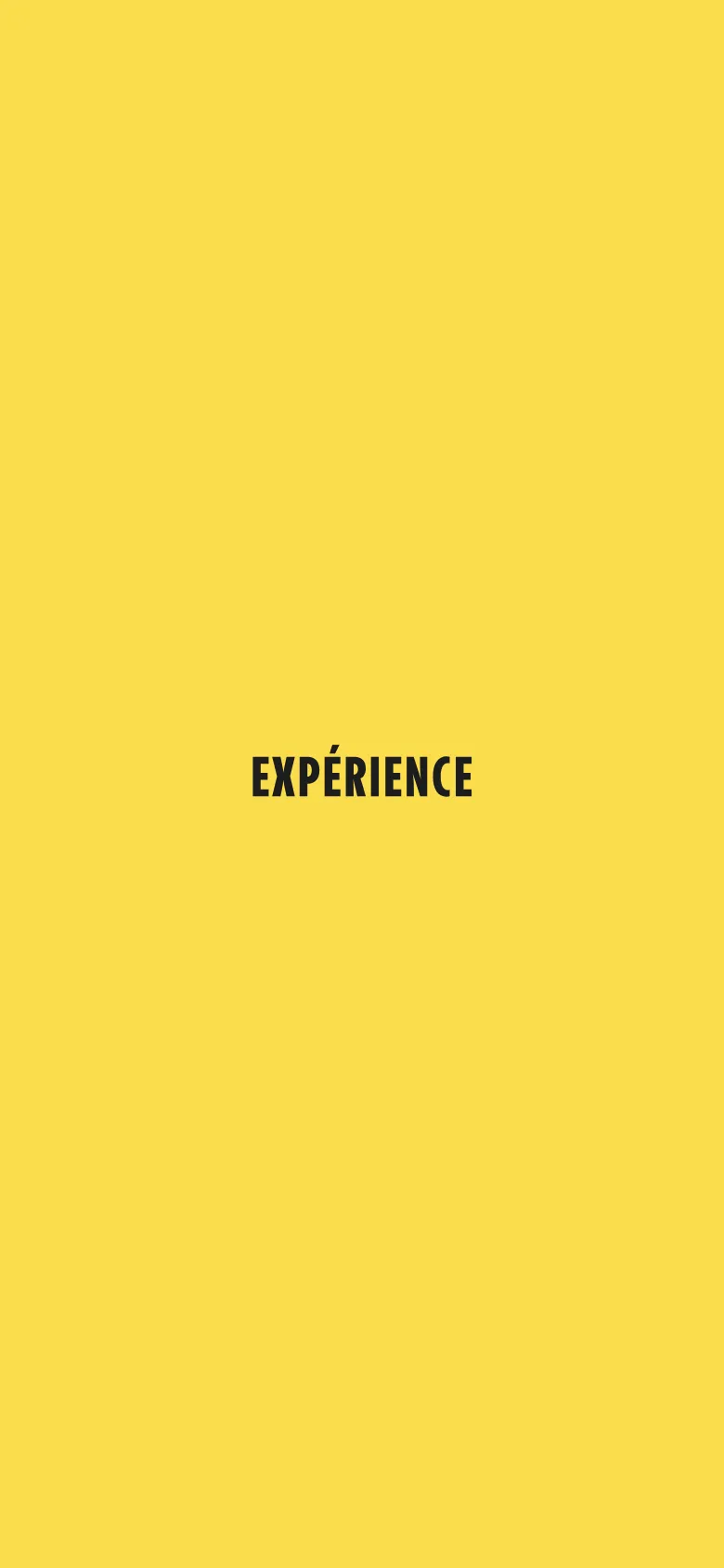The mobile version maintains the same bright yellow color scheme and bold black text as the desktop version. The layout is simplified into a single vertical column, making the contact information and address easy to read on a smaller screen.
