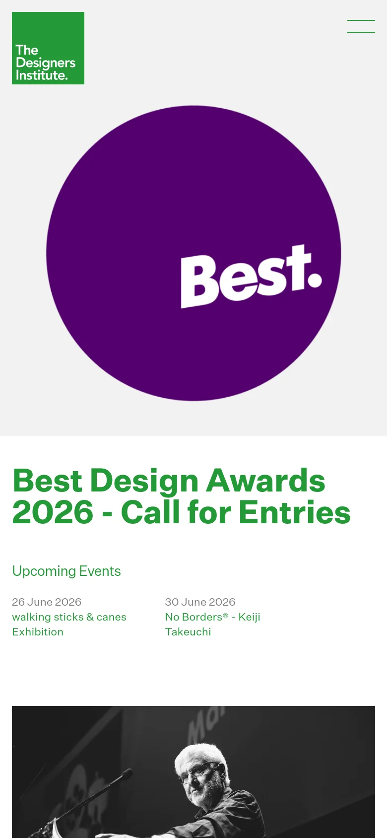 The mobile version presents a simplified layout with a centered purple 'Best.' circle and a large green headline below it. The navigation is condensed into a hamburger menu icon in the top right, and the 'The Designers Institute' logo is positioned in the top left on a green square.