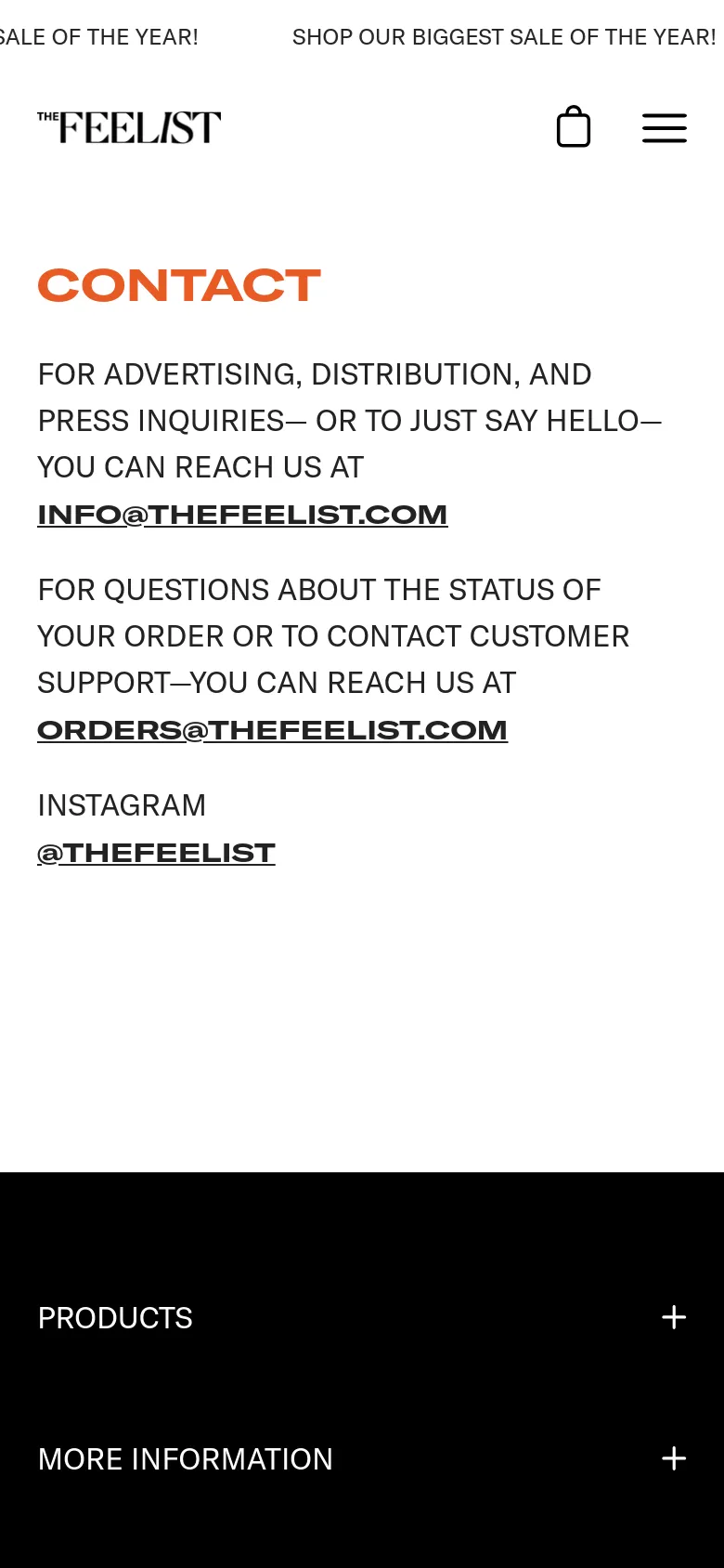 The mobile version maintains the minimalist white and black aesthetic but uses a condensed layout. The header features a hamburger menu icon and a shopping bag icon, while the contact text and links are stacked vertically for easier scrolling on a smaller screen.