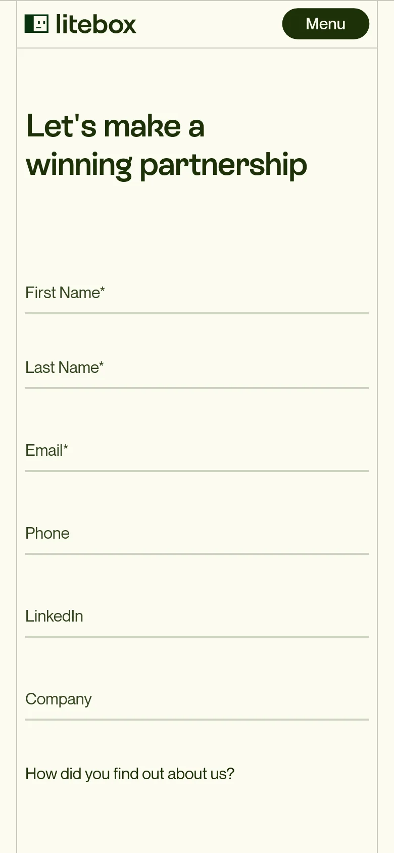 The mobile version presents a vertically stacked layout on a cream background, starting with the large 'Let's make a winning partnership' headline. The contact form fields, such as First Name and Last Name, are arranged in a single column for easier scrolling, and the navigation is condensed into a dark 'Menu' button at the top right.