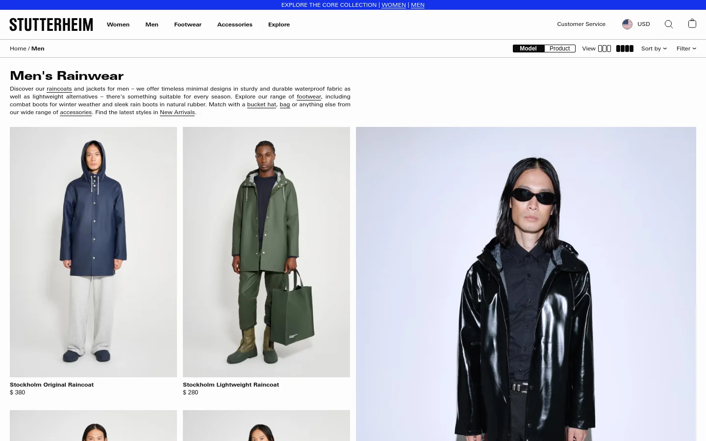 The desktop page for Men's Rainwear features a clean, minimalist white layout with a top navigation bar and a large hero section showcasing men in various raincoats. A grid of large product images displays models wearing different styles, such as the Stockholm Original Raincoat, with product names and prices listed below. Users can sort and filter products using options located at the top right of the product grid.