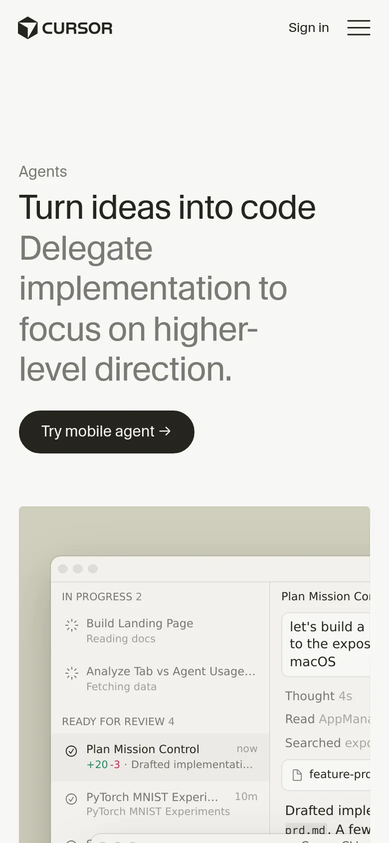 The mobile version maintains the same minimalist aesthetic and typography but uses a stacked layout. The headline and subheadline are centered, followed by a prominent dark 'Try mobile agent' call-to-action button. The navigation is condensed into a hamburger menu icon at the top right, and the code editor screenshot is partially visible at the bottom of the screen.