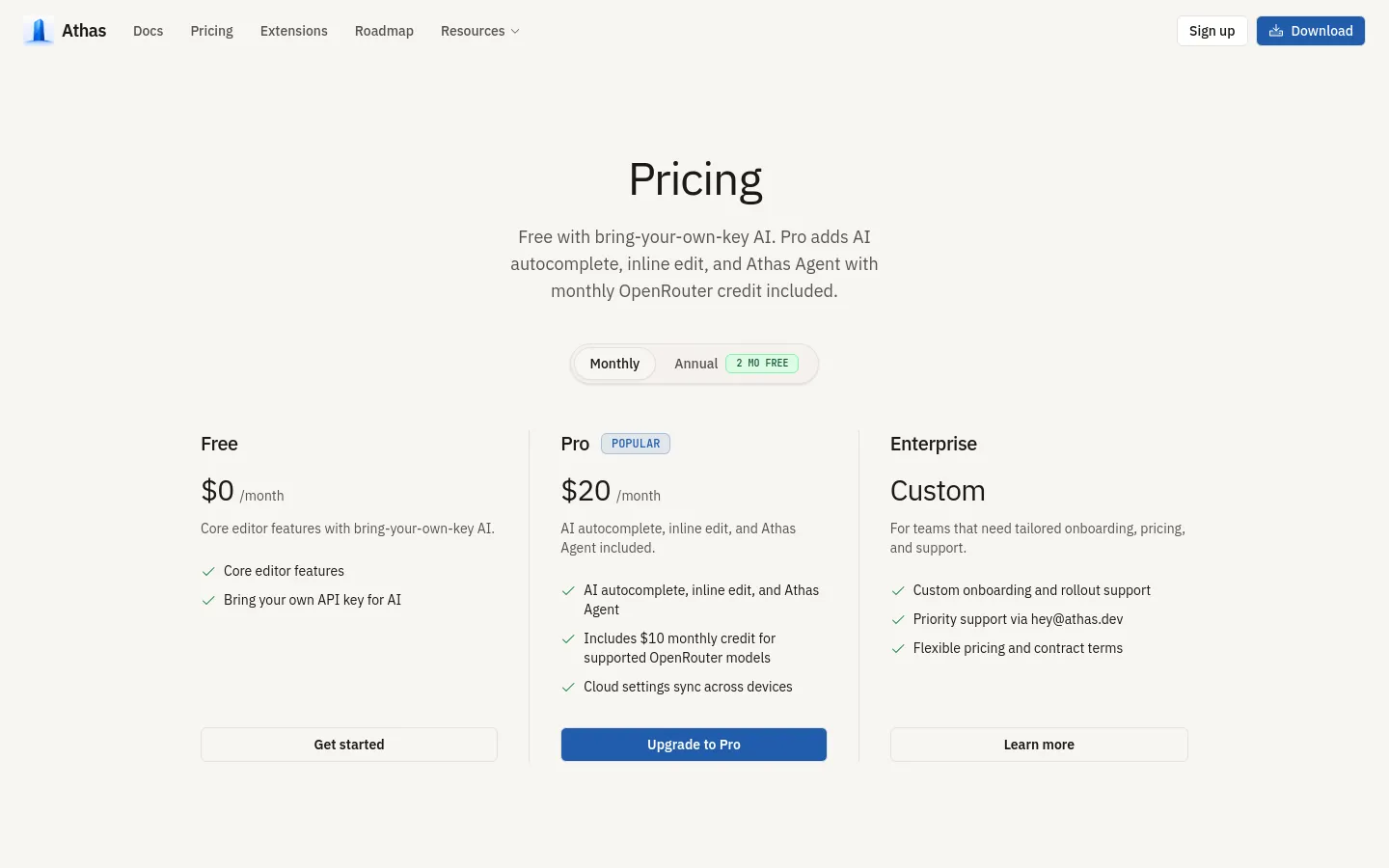 The desktop pricing page features a clean, minimalist design with a white background and dark text. A central heading 'Pricing' is followed by a subheadline and a toggle switch for Monthly or Annual billing. Three pricing cards—Free, Pro (labeled 'Popular'), and Enterprise—are arranged side-by-side in a horizontal row, each containing feature lists and call-to-action buttons.