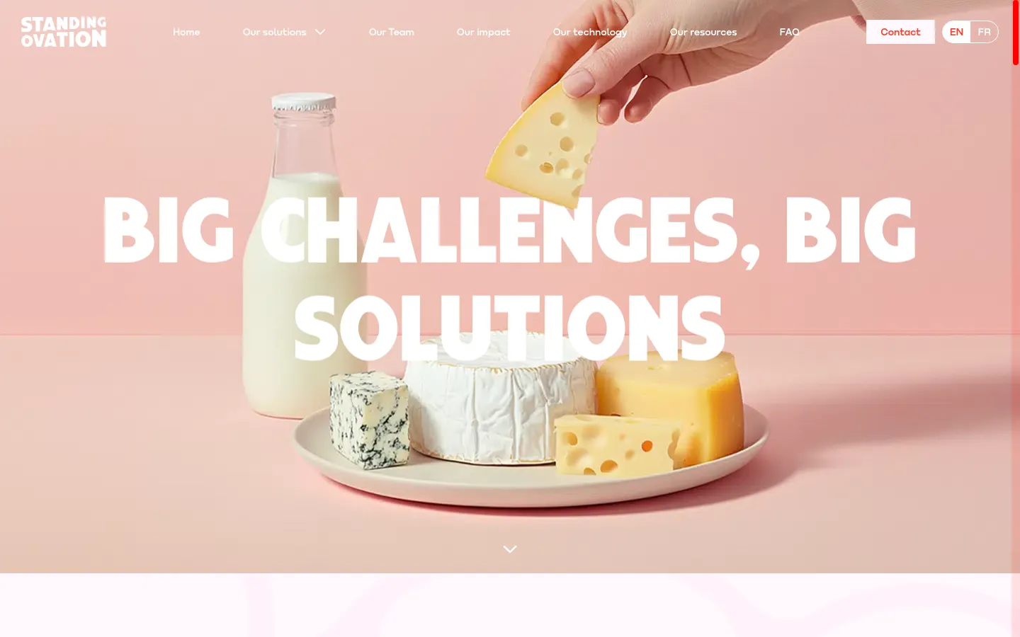 The desktop page features a large hero image of a hand holding a slice of Swiss cheese above various cheeses and a bottle of milk on a pink background, with the headline 'BIG CHALLENGES, BIG SOLUTIONS' in large white text. A white navigation bar at the top includes links for Home, Our solutions, Our Team, Our impact, Our technology, Our resources, FAQ, and a Contact button. The layout is clean with ample white space and a soft pink color palette.