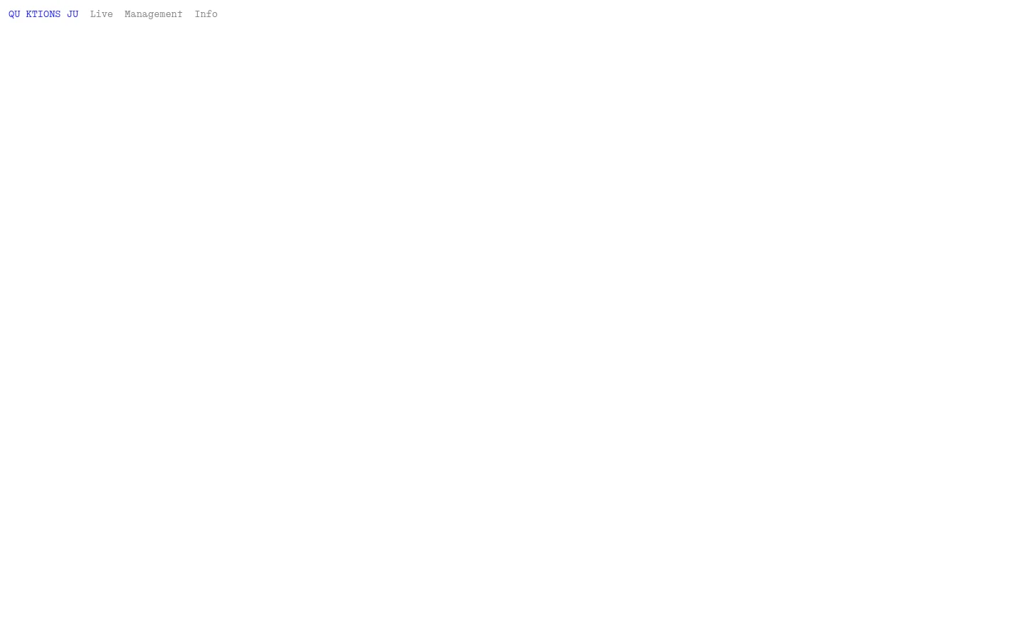 The desktop homepage features a minimalist white background with blue and grey text. A navigation menu at the top left includes links for QU JUNKTONS J, Live, Management, and Info.