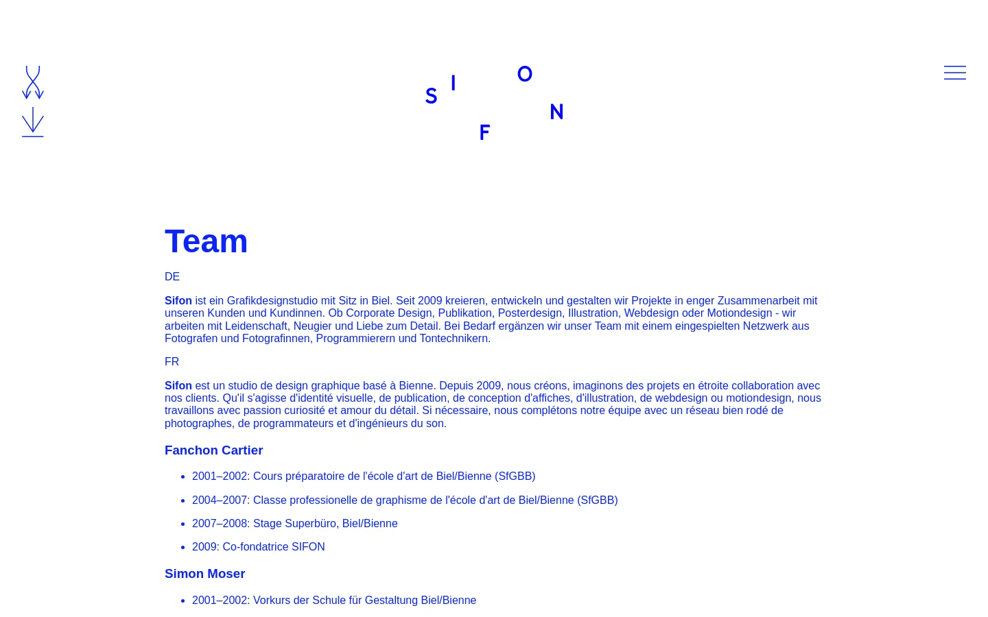 The desktop page features a minimalist white layout with the blue 'SIFON' logo arranged in a circle at the top center. Below, the large blue headline 'Team' is followed by introductory text in German and French, then detailed professional biographies for Fanchon Cartier and Simon Moser listed in blue text.