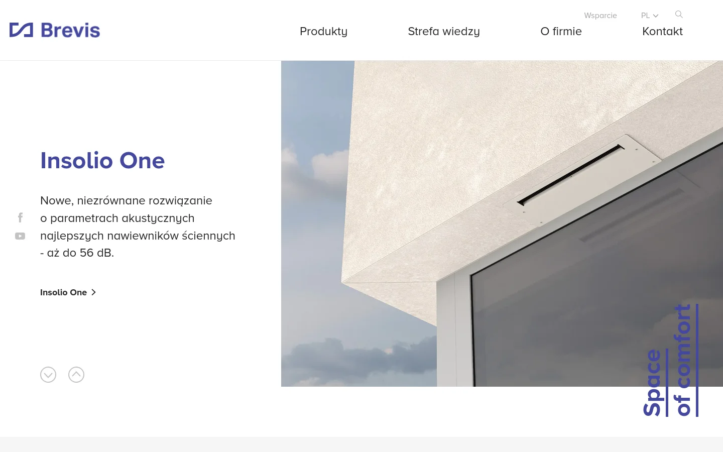 The desktop homepage features a clean, minimalist design with a white background and blue accents. A large hero section showcases the 'Insolio One' product with a high-angle photo of a modern window vent against a bright sky, accompanied by a headline, descriptive text, and a call-to-action link. The navigation bar at the top includes links for Products, Knowledge Base, About Us, and Contact.