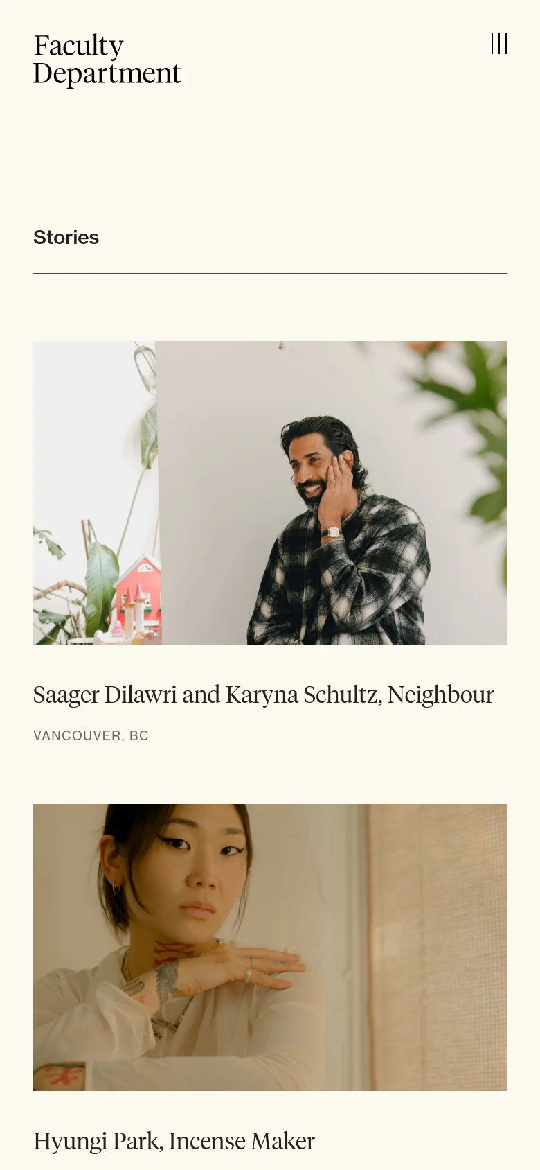 The mobile version simplifies the layout into a single-column vertical scroll. The top navigation is replaced by a hamburger menu icon, and the story entries consist of a large full-width image followed by the title and location text below it.