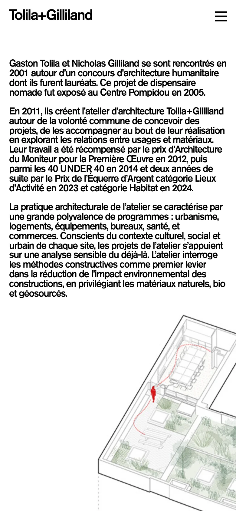 The mobile version uses a single-column vertical layout, stacking the text content above the large portrait of the two men. The architectural drawing and team list follow below the portrait, with a simplified navigation menu represented by a hamburger icon at the top right.