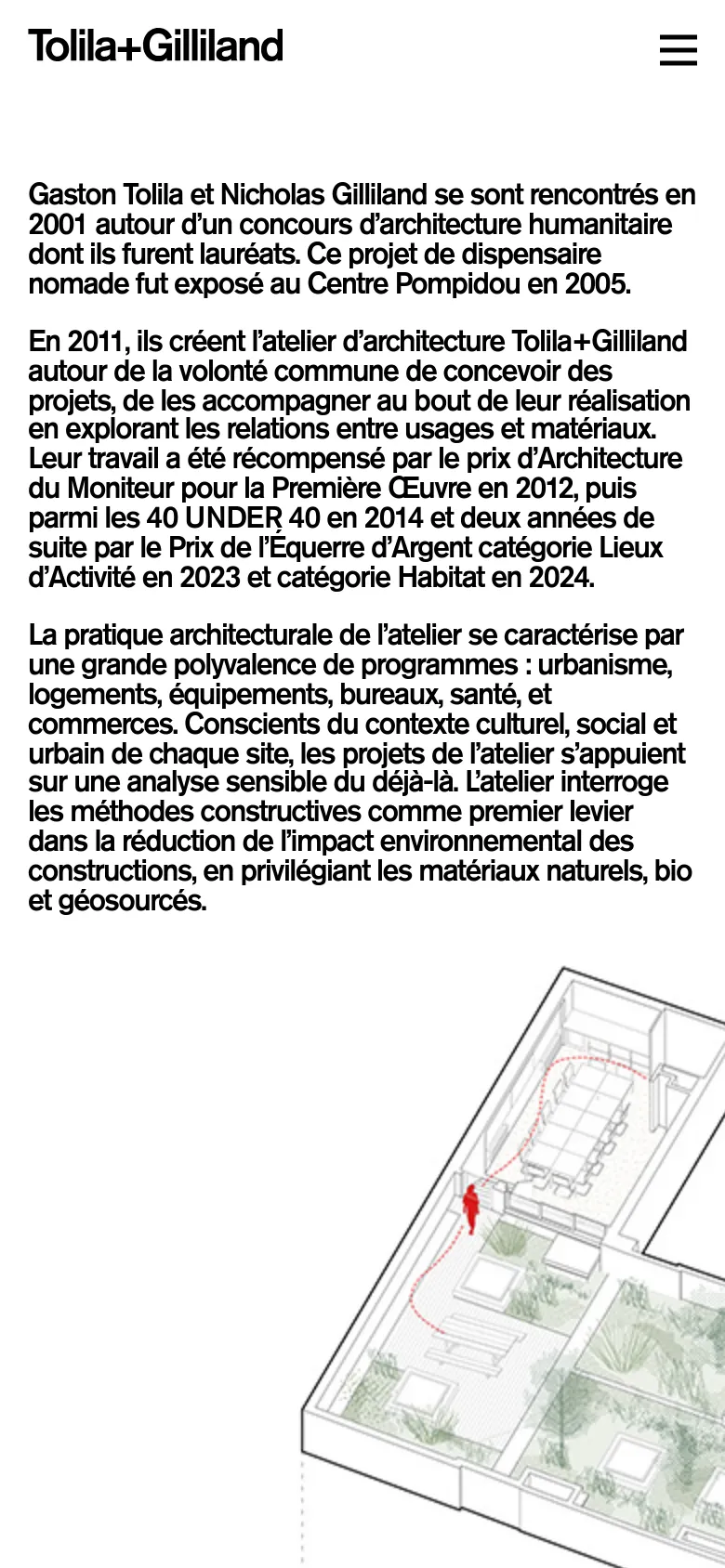 The mobile version uses a single-column vertical layout, stacking the text content above the large portrait of the two men. The architectural drawing and team list follow below the portrait, with a simplified navigation menu represented by a hamburger icon at the top right.