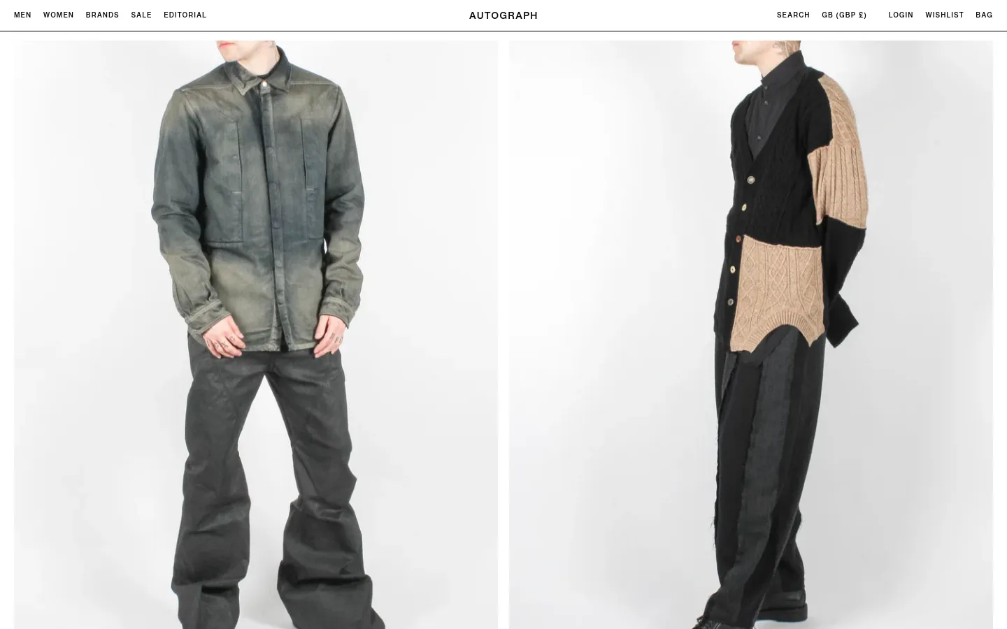 The desktop homepage features a minimalist design with a large hero image of a model wearing Rick Owens clothing against a light grey background. A navigation bar at the top includes links for Men, Women, Brands, Sale, and Editorial, alongside the Autograph logo and utility links. Below the hero section, a grid of large image tiles promotes Rick Owens, Sale, Womens, and Footwear categories.