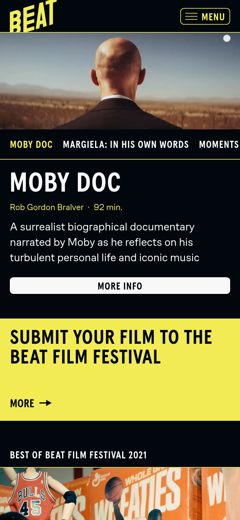The mobile version presents a vertically stacked layout with a simplified header containing the Beat logo and a hamburger menu button. The hero image is followed by a large, bold title 'MOBY DOC' and a descriptive paragraph, with a prominent white 'More Info' call-to-action button. A bright yellow section follows, featuring the headline 'SUBMIT YOUR FILM TO THE BEAT FILM FESTIVAL' in large black text.