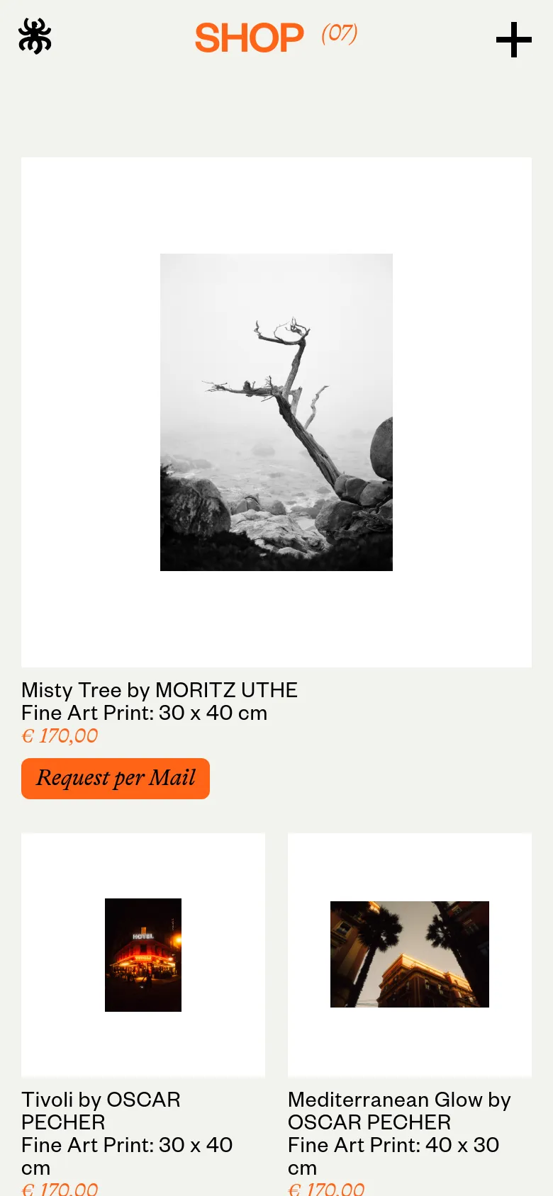 The mobile version presents a simplified vertical layout with a centered 'SHOP (07)' header and a large plus icon for navigation. The art prints are stacked vertically in a single column, showing large imagery followed by the title, artist, price, and an orange 'Request per Mail' button for each piece.