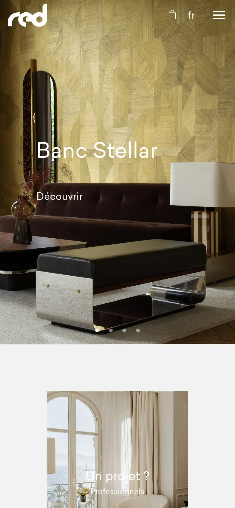 The mobile version presents a vertically stacked layout, starting with a full-width hero image of the Stellar bench and its call to action. The 'Professionnels' section follows as a single large image block, and the navigation is condensed into a hamburger menu at the top right. The overall aesthetic remains high-end, focusing on large, immersive imagery that fills the narrow screen.