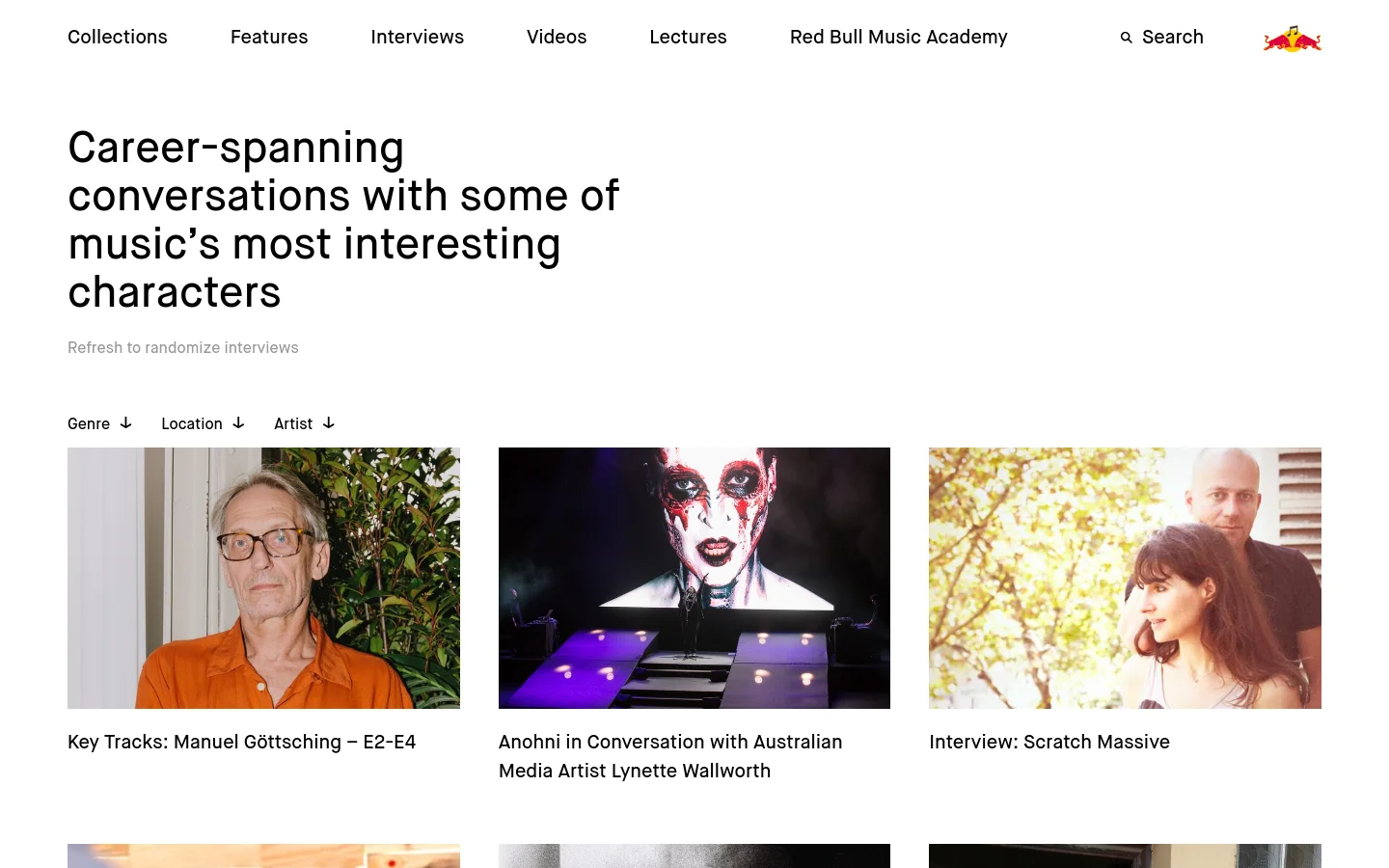 The desktop page features a clean white background with a large black headline: 'Career-spanning conversations with some of music’s most interesting characters.' Below the headline, there is a navigation bar for filtering by Genre, Location, and Artist, followed by a grid of interview articles consisting of large rectangular images and text titles.