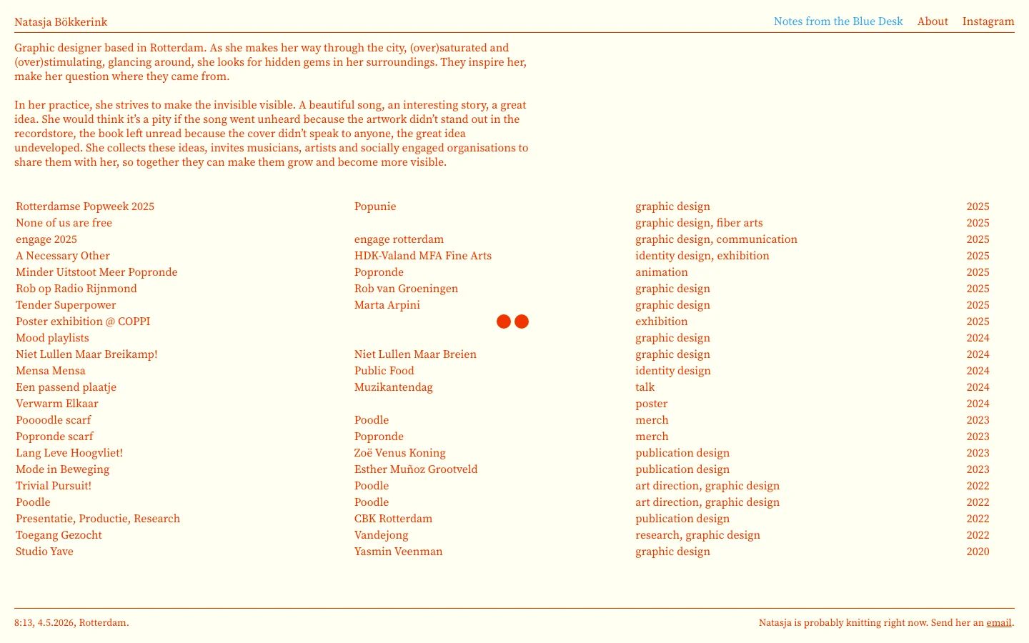 The desktop homepage features a minimalist design with a white background and orange-brown text. A navigation menu is at the top, followed by a large introductory text block about the graphic designer, and a multi-column list of projects categorized by name, client, type, and year.