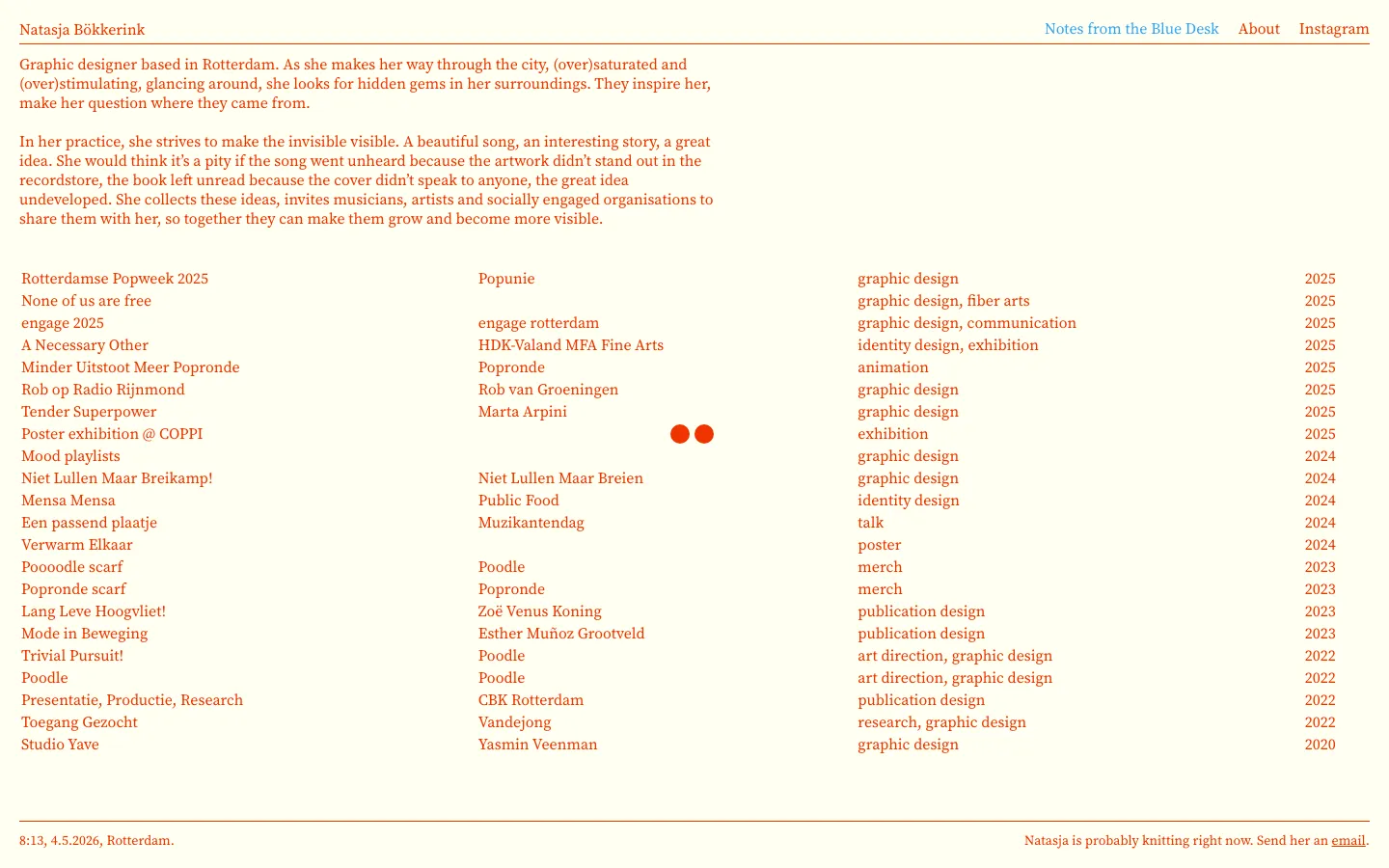The desktop homepage features a minimalist design with a white background and orange-brown text. A navigation menu is at the top, followed by a large introductory text block about the graphic designer, and a multi-column list of projects categorized by name, client, type, and year.