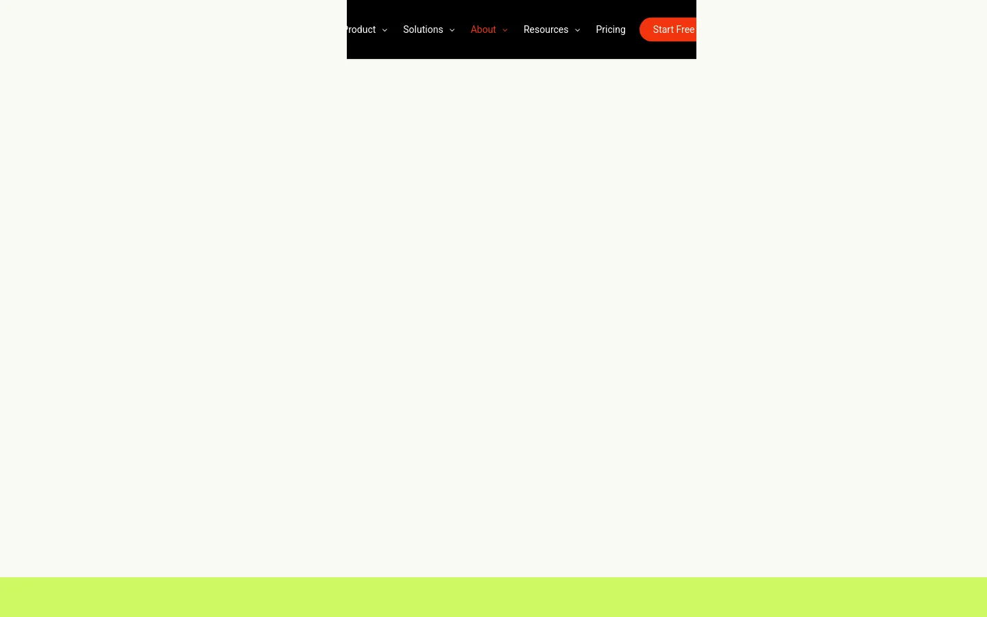 The desktop version features a dark navigation bar at the top with links for Product, Solutions, About, Resources, and Pricing, alongside a bright orange 'Start Free' button. The main hero section has a bold red background with large white typography stating 'We build the AI that moves cities' and a brief description of the company's mission.