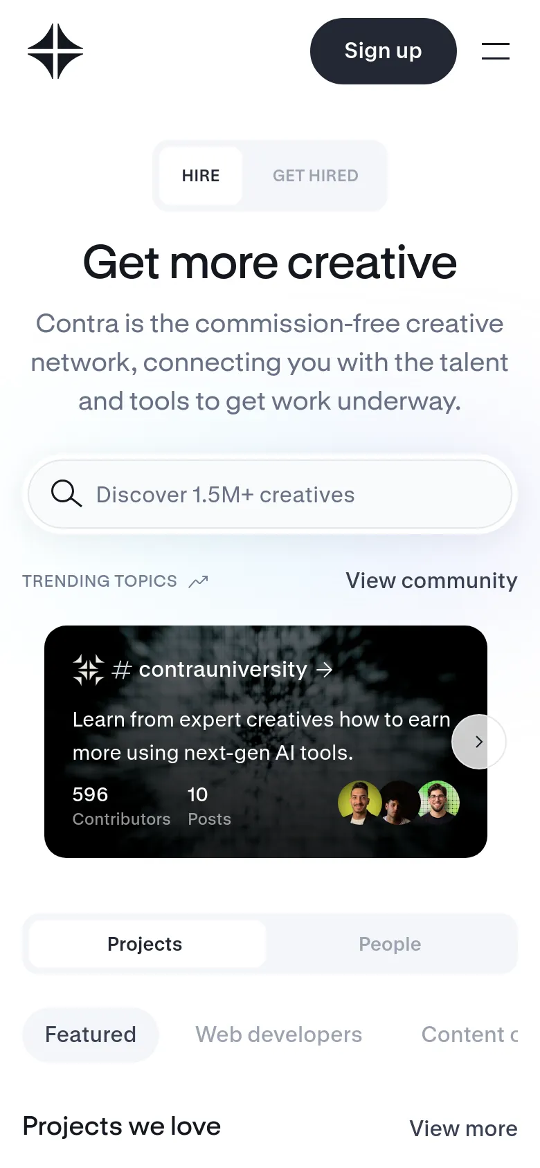 The mobile version presents a vertically stacked layout with a simplified header containing a hamburger menu and a 'Sign up' button. The hero text 'Get more creative' is centered, followed by a prominent search bar and a single-column or condensed view of the trending topic cards. The navigation links from the desktop version are hidden within the menu to save screen space.