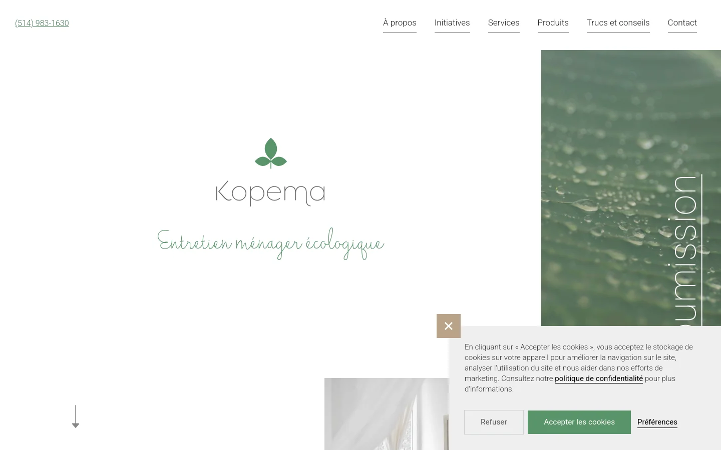 The desktop homepage features a clean, minimalist design with a white background and green accents. The hero section displays the Kopema logo with a leaf icon above the headline 'Entretien ménager écologique' and a large image of a bright bedroom. A navigation menu is at the top, and a cookie consent banner appears at the bottom.