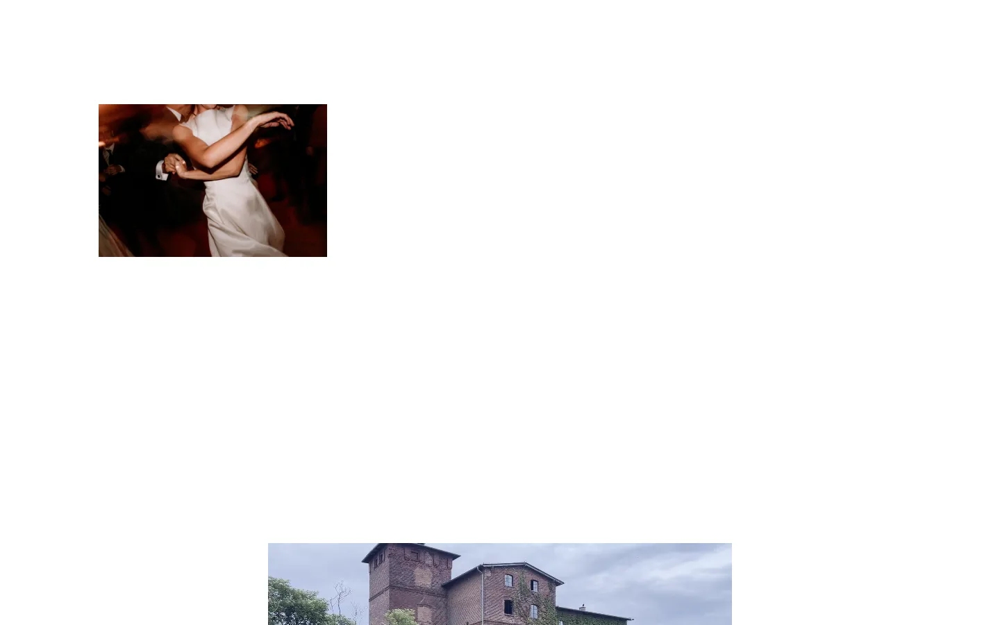 The Events page features a large hero image of a couple dancing, followed by a horizontal image slider showcasing various event scenes. Below the slider, a text section describes the 'BAL' minimalist event space set in an old farm building, accompanied by a call-to-action button labeled 'Kontakt'. The layout is clean with a white background and elegant serif typography.