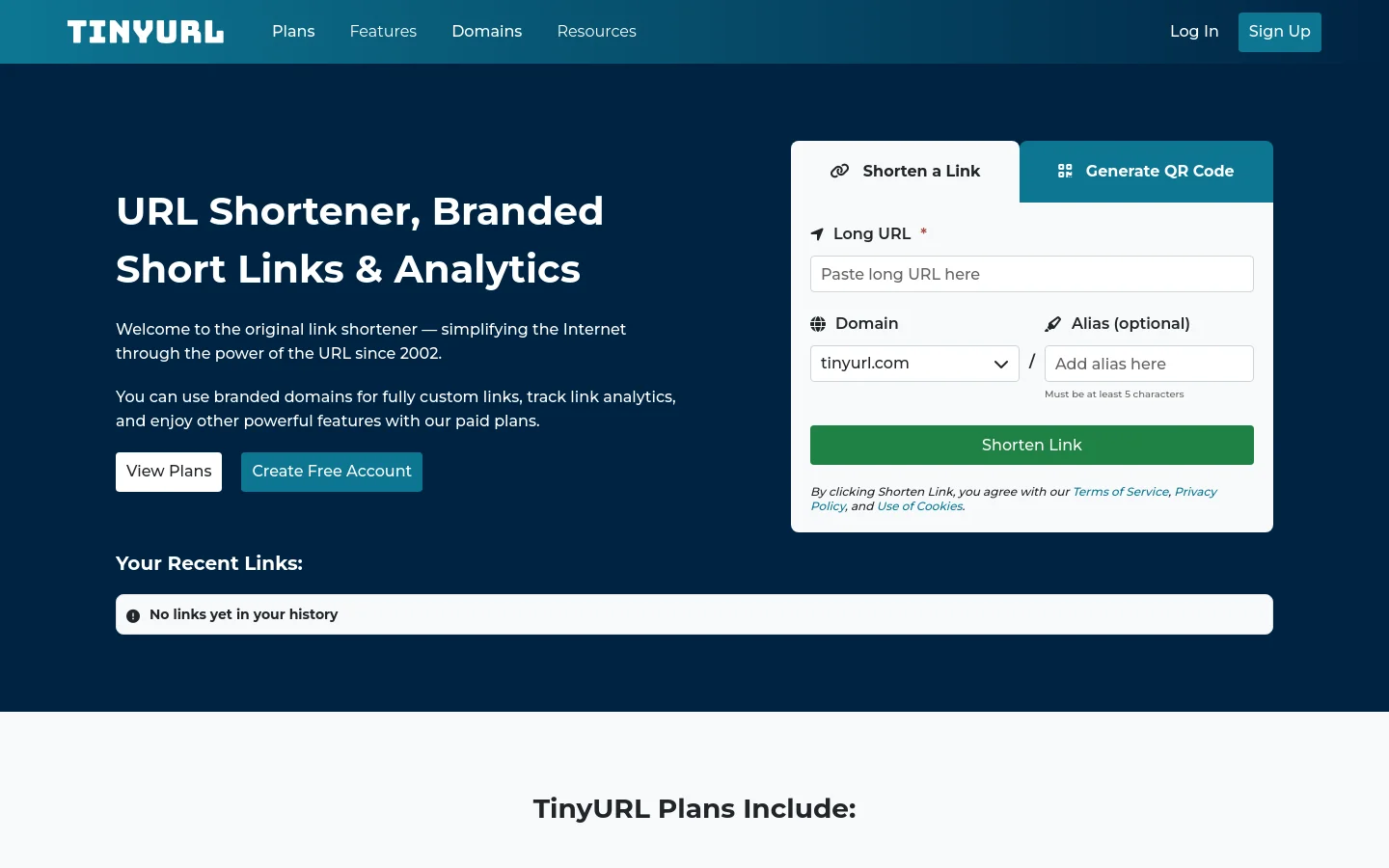 The desktop homepage features a dark blue hero section with the headline 'URL Shortener, Branded Short Links & Analytics' and buttons to 'View Plans' or 'Create Free Account'. A white card on the right contains a tool to shorten a link or generate a QR code, including input fields for a long URL, domain, and alias. Below the hero, a section titled 'Your Recent Links' displays a placeholder message in a light blue bar.