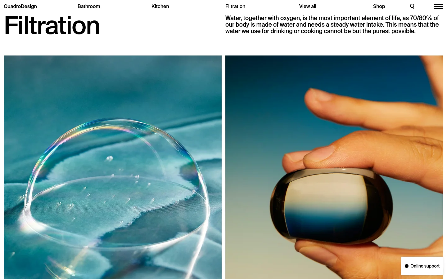 The desktop page features a clean white header with the QuadroDesign logo and navigation menu. A large 'Filtration' headline is followed by introductory text, positioned next to two large, high-quality hero images: one showing a close-up of a water bubble and another of a hand holding a glass orb against a blue background.