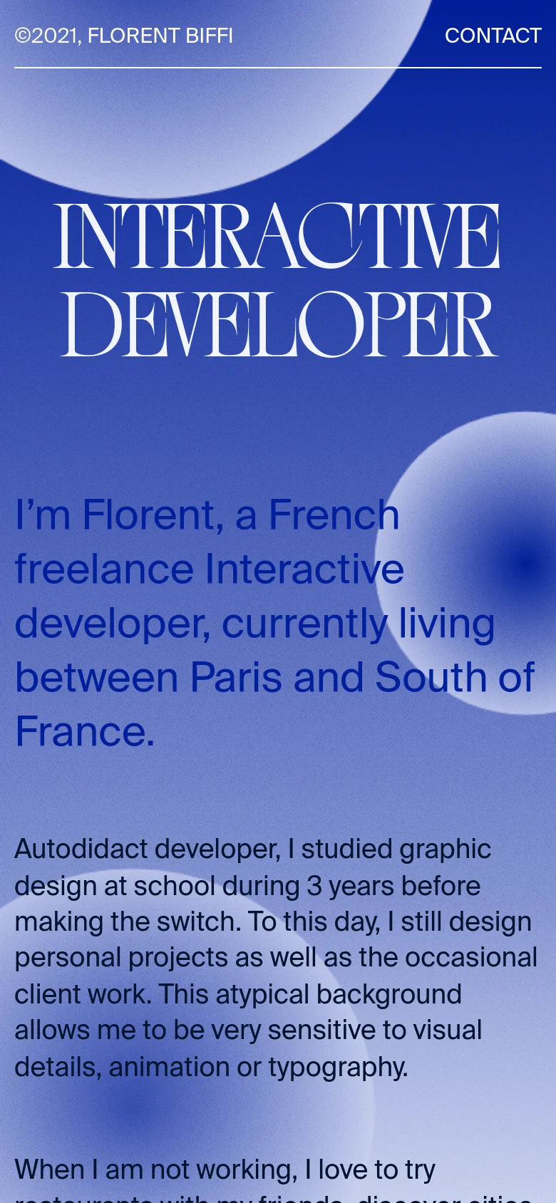 The mobile version maintains the blue gradient and circular background but uses a vertical layout. The large 'INTERACTIVE DEVELOPER' headline is centered, followed by the introductory text, and the navigation links are repositioned to accommodate the narrower screen.