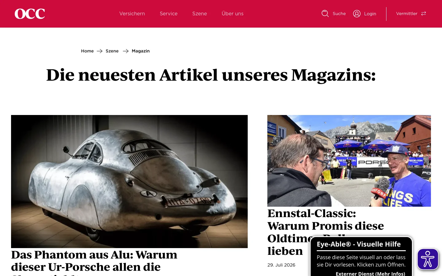 The desktop page features a red header with the OCC logo, navigation links, and a search icon. Below the breadcrumb navigation, a large headline reads 'Die neuesten Artikel unseres Magazins:' above a grid of magazine articles, starting with a large feature image of a vintage silver aluminum Porsche.