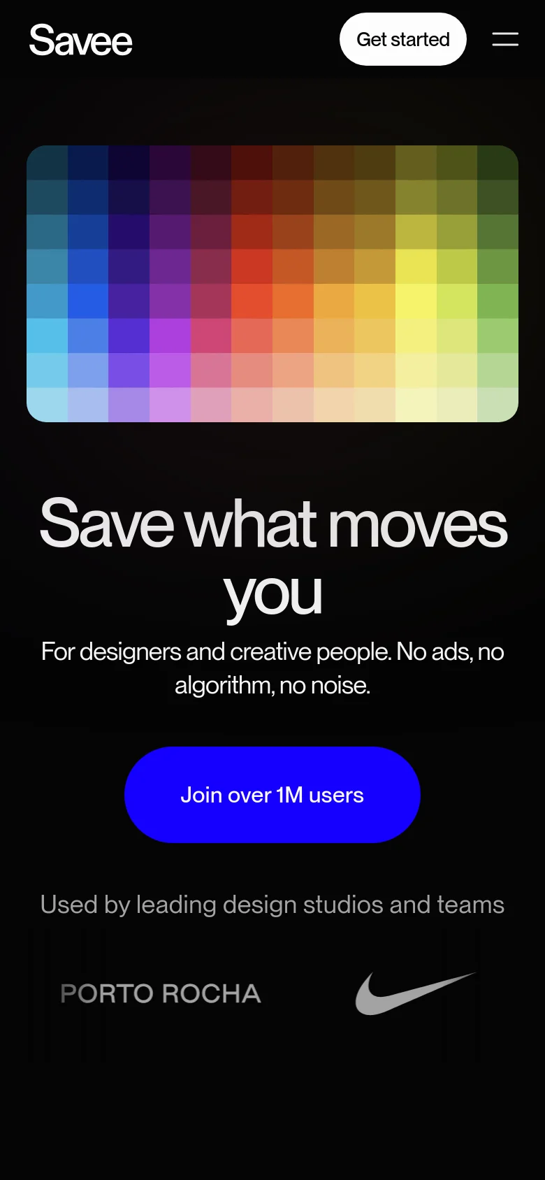 The mobile version uses a similar dark theme but adopts a vertical stack. The 'Savee' logo and a hamburger menu sit at the top, followed by a colorful gradient block. The headline 'Save what moves you' and a blue 'Join over 1M users' button are centered prominently below the gradient.
