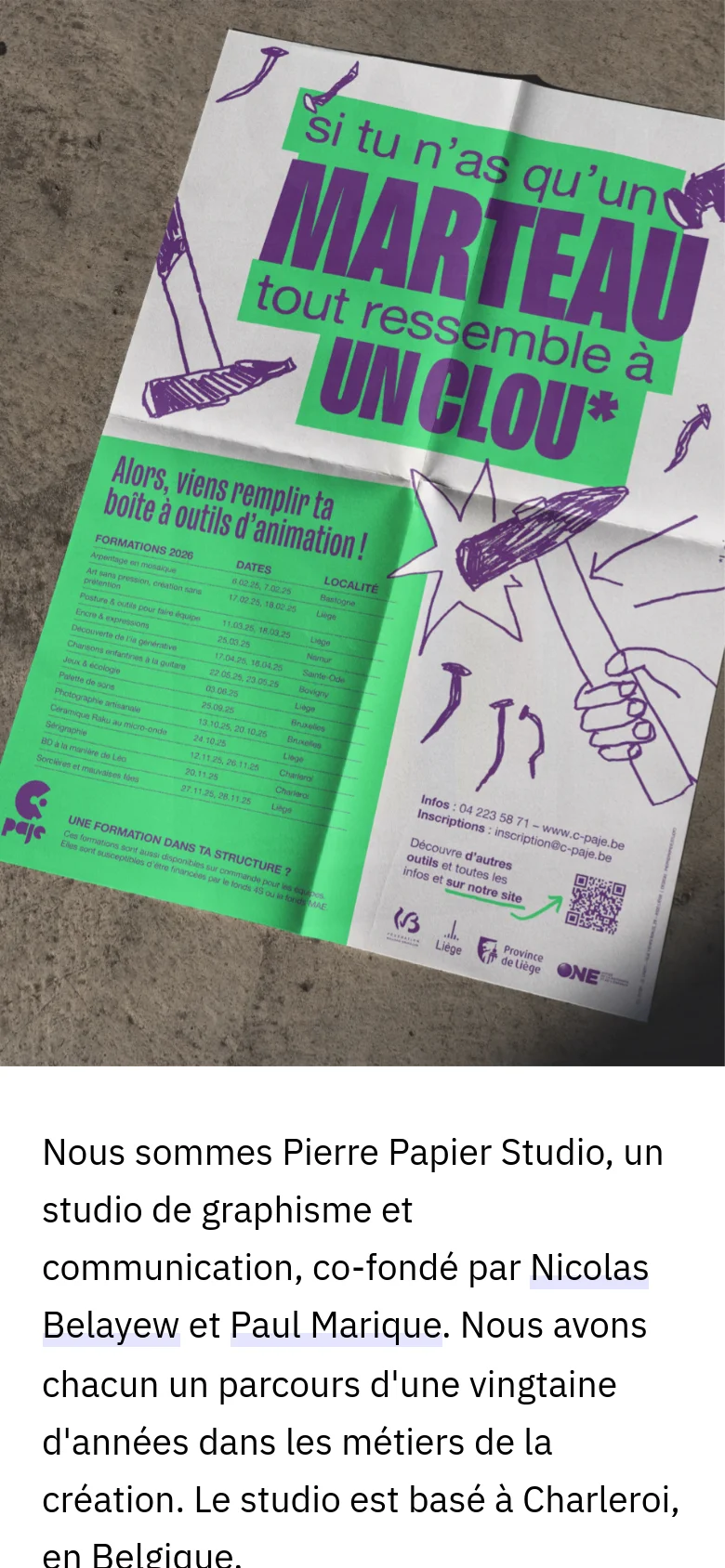 The mobile version presents a vertical stack, placing the large image of the crumpled green poster at the top, followed by the studio's introductory text and contact details below. The layout is simplified for vertical scrolling, maintaining the same clean typography and high-contrast color scheme as the desktop version.