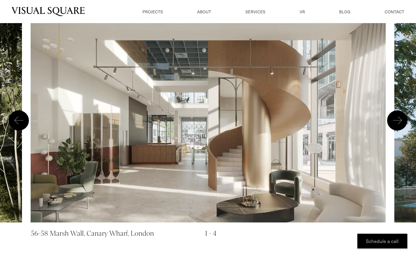 The desktop homepage features a minimalist white layout with a black logo and navigation menu at the top. A large hero image carousel showcases high-quality architectural renderings, currently displaying a bright, modern interior with a spiral staircase. A 'Schedule a call' button is located in the bottom right corner.