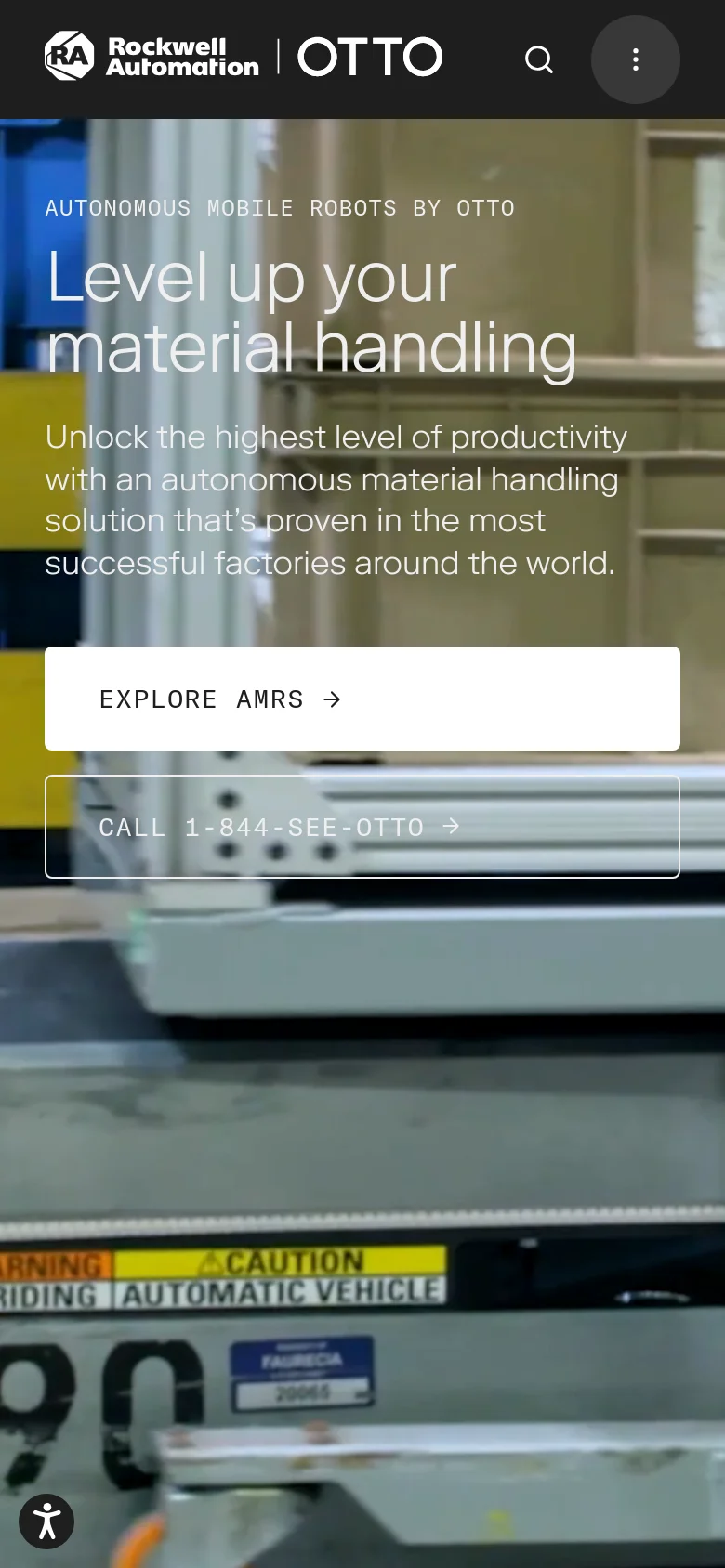 The mobile version presents a vertically stacked layout with the hero image serving as the background for the text. The headline, subheadline, and two call-to-action buttons are centered and occupy the middle of the screen. The top navigation is condensed, featuring the brand logos and a search icon.