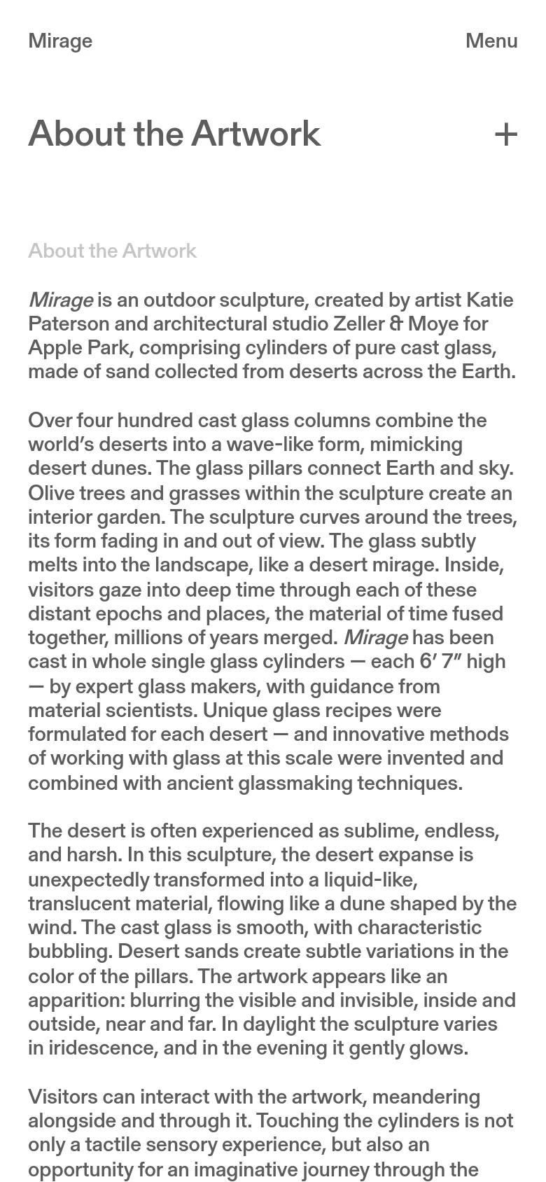 The mobile version presents a single-column layout optimized for vertical scrolling. The header contains the 'Mirage' title and a 'Menu' button, followed by a large 'About the Artwork' heading and a plus icon. The descriptive text about the sculpture spans the full width of the screen, removing the side-by-side desktop navigation.