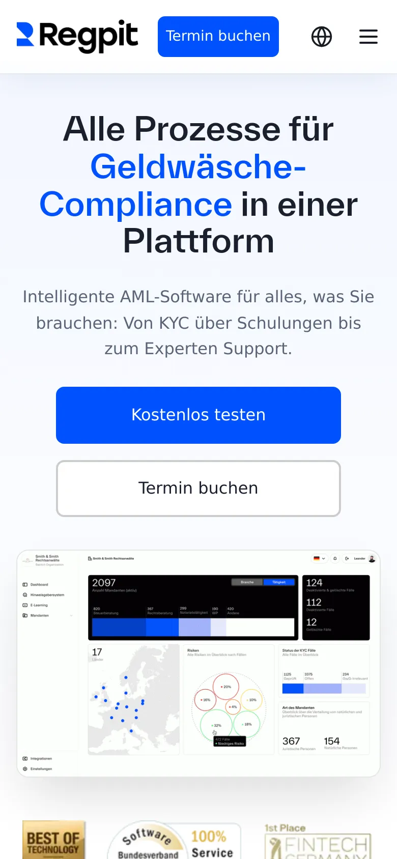 The mobile version uses a vertically stacked layout with the headline and subheadline centered at the top. The two call-to-action buttons are large and span nearly the full width of the screen for easy tapping. The navigation is condensed into a hamburger menu icon in the top right, and the dashboard hero image is scaled down to fit the narrow viewport.