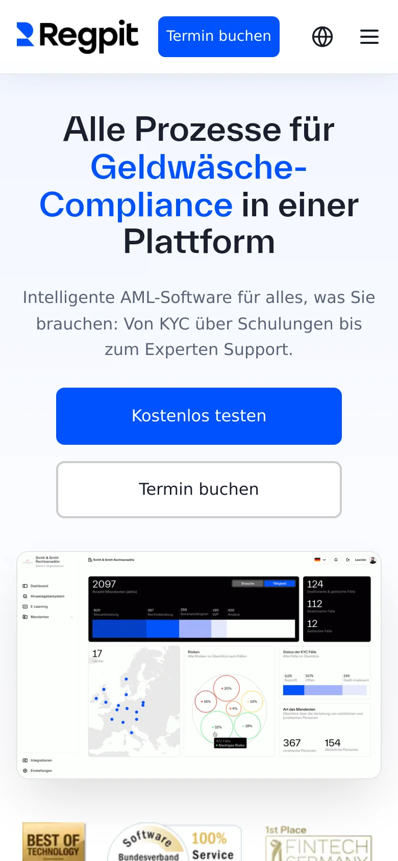 The mobile version uses a vertically stacked layout with the headline and subheadline centered at the top. The two call-to-action buttons are large and span nearly the full width of the screen for easy tapping. The navigation is condensed into a hamburger menu icon in the top right, and the dashboard hero image is scaled down to fit the narrow viewport.