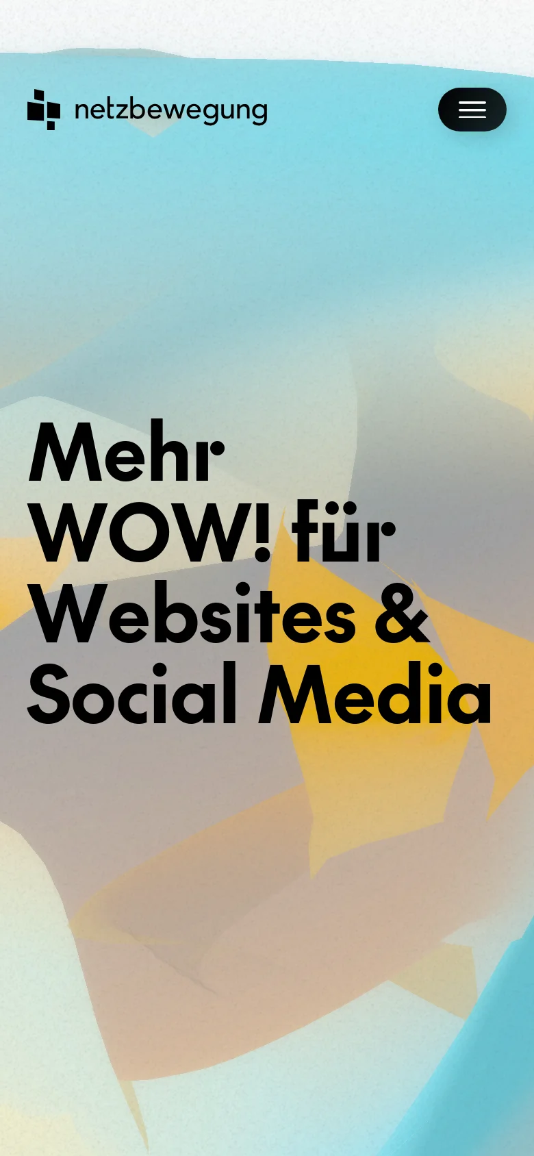 The mobile version displays the same colorful abstract background and bold headline, but the layout is vertically stacked. The navigation bar is simplified, showing only the logo and a hamburger menu icon in the top right corner, with the call-to-action button removed from the header.
