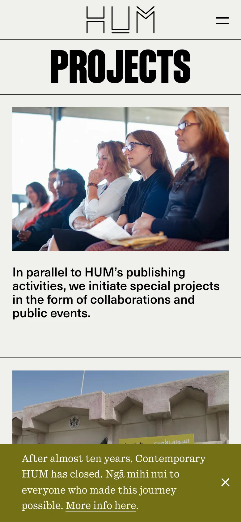 The mobile version presents a single-column vertical layout, stacking the 'Projects' headline, the hero image, and the descriptive text. The navigation menu is condensed into a hamburger icon, and the footer links are reorganized into a simplified vertical list for easier scrolling.