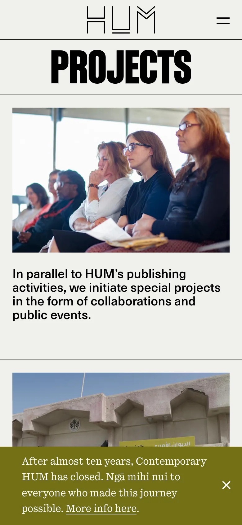 The mobile version presents a single-column vertical layout, stacking the 'Projects' headline, the hero image, and the descriptive text. The navigation menu is condensed into a hamburger icon, and the footer links are reorganized into a simplified vertical list for easier scrolling.