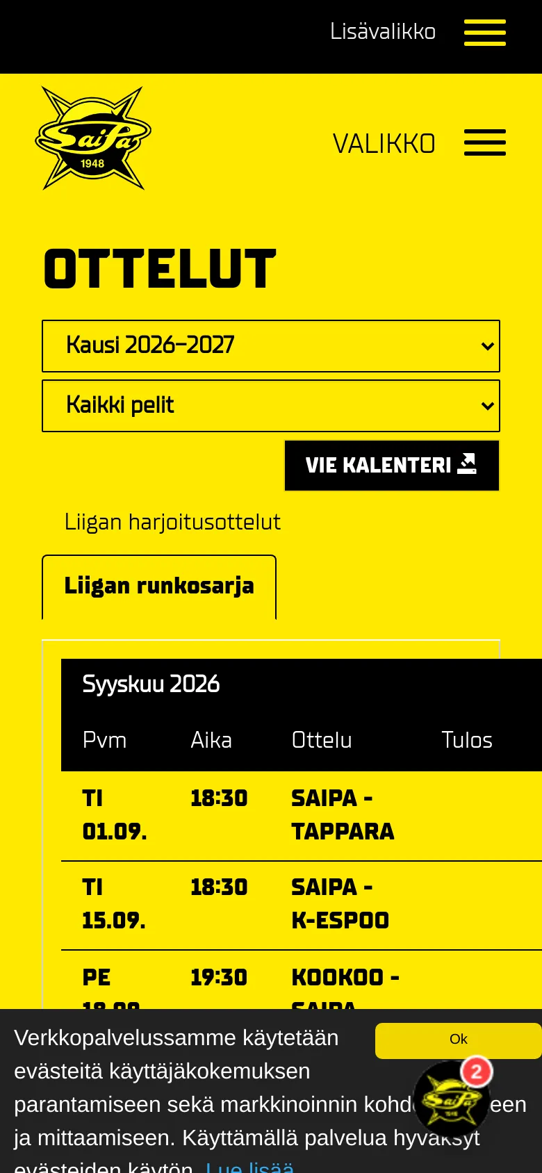 The mobile version maintains the yellow and black color scheme but uses a simplified layout. The navigation is condensed into a hamburger menu labeled 'VALIKKO', and the match schedule table is reformatted to stack information vertically for easier scrolling on a narrow screen.